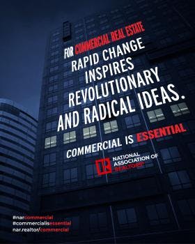 "For commercial real estate rapid change inspires revolutionary & radical ideas" social graphic