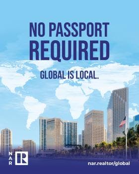 Global AE Toolkit Resource: Social Media Ad, "No Passport Required, Global is Local." 1080w x 1350h