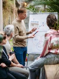 Man presenting a sustainability plan diagram to two coworkers in a green office space