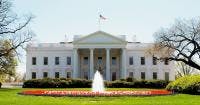 Low angle view of the White House front lawn in late winter, Washington DC