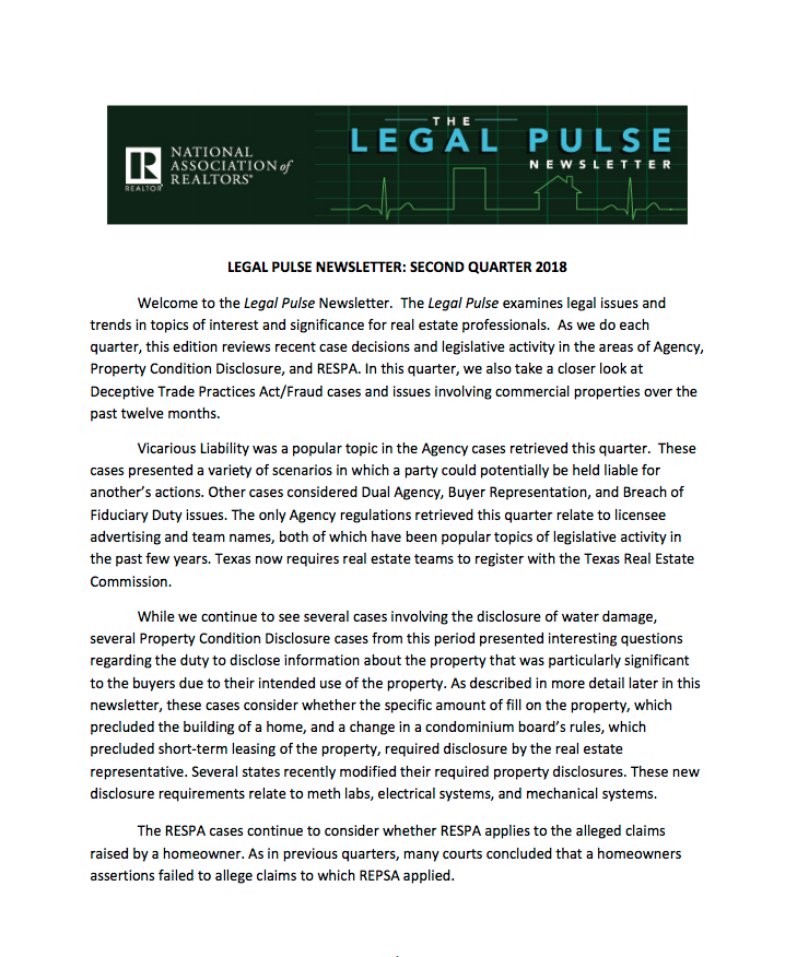 2Q 2018: Agency, PCD, RESPA, Deceptive Trade Practices/Fraud, and Commercial Property Issues