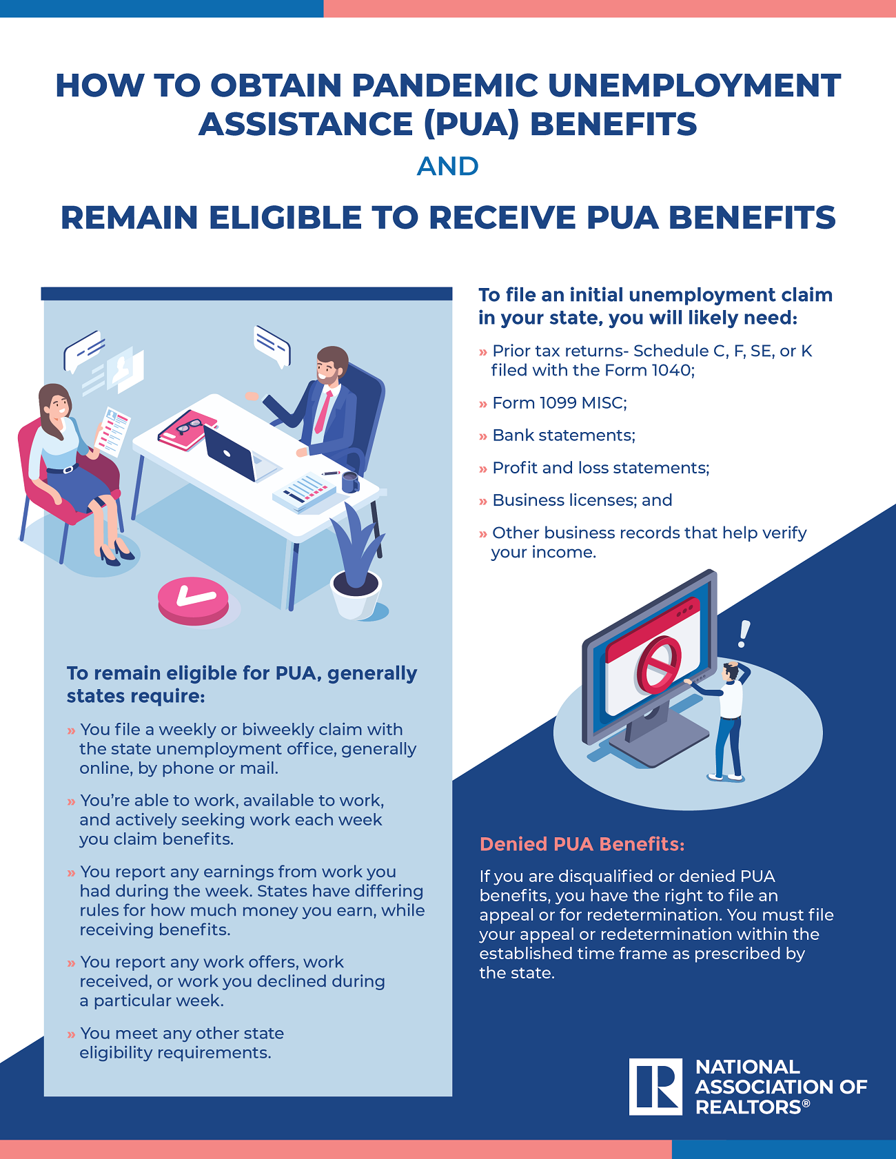 A flyer about how to obtain Pandemic Unemployment Assistance benefits and remain eligible to receive benefits