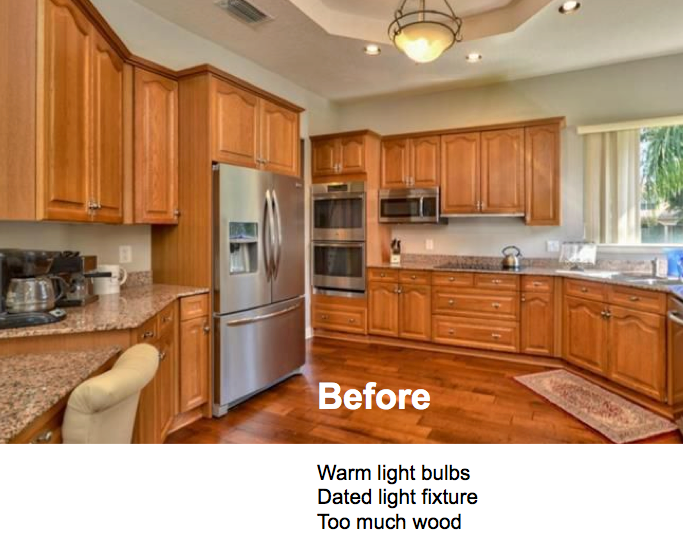 Before image of kitchen with standard "Warm" lighting