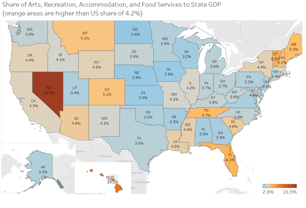 U.S. Map: Share of Arts, Recreation, Accommodation, and Food Services to State GDP