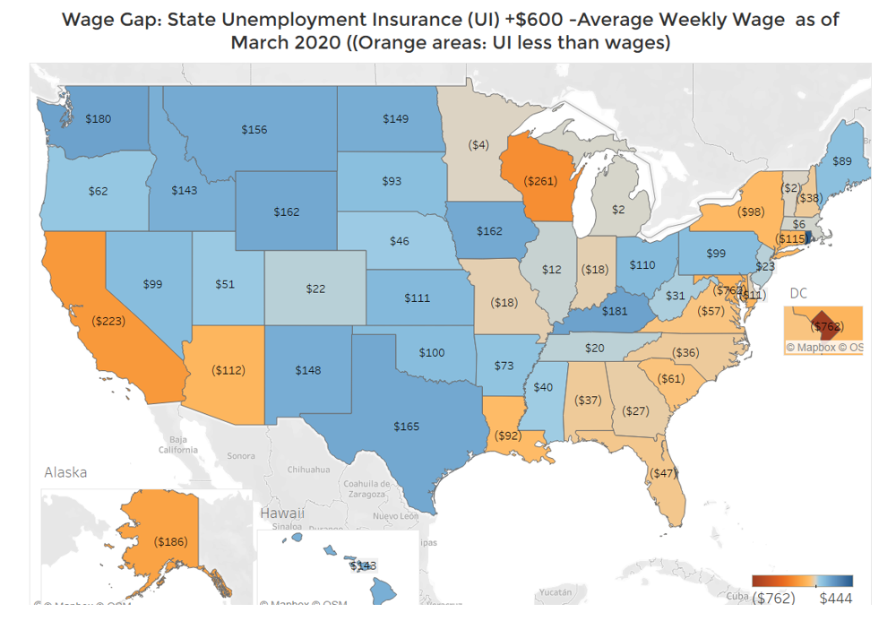 U.S. Map: Wage Gap State Unemployment Insurance Average Weekly Wage as of March 2020