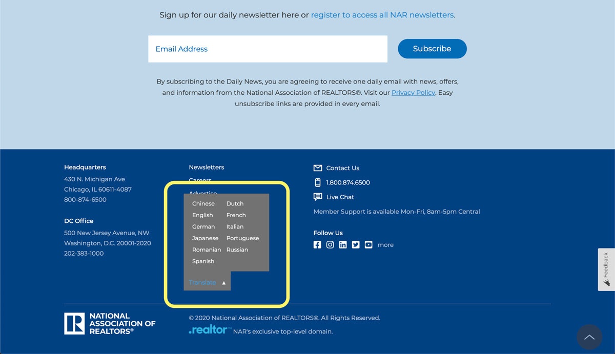 Translate menu at the bottom of the desktop page on nar.realtor